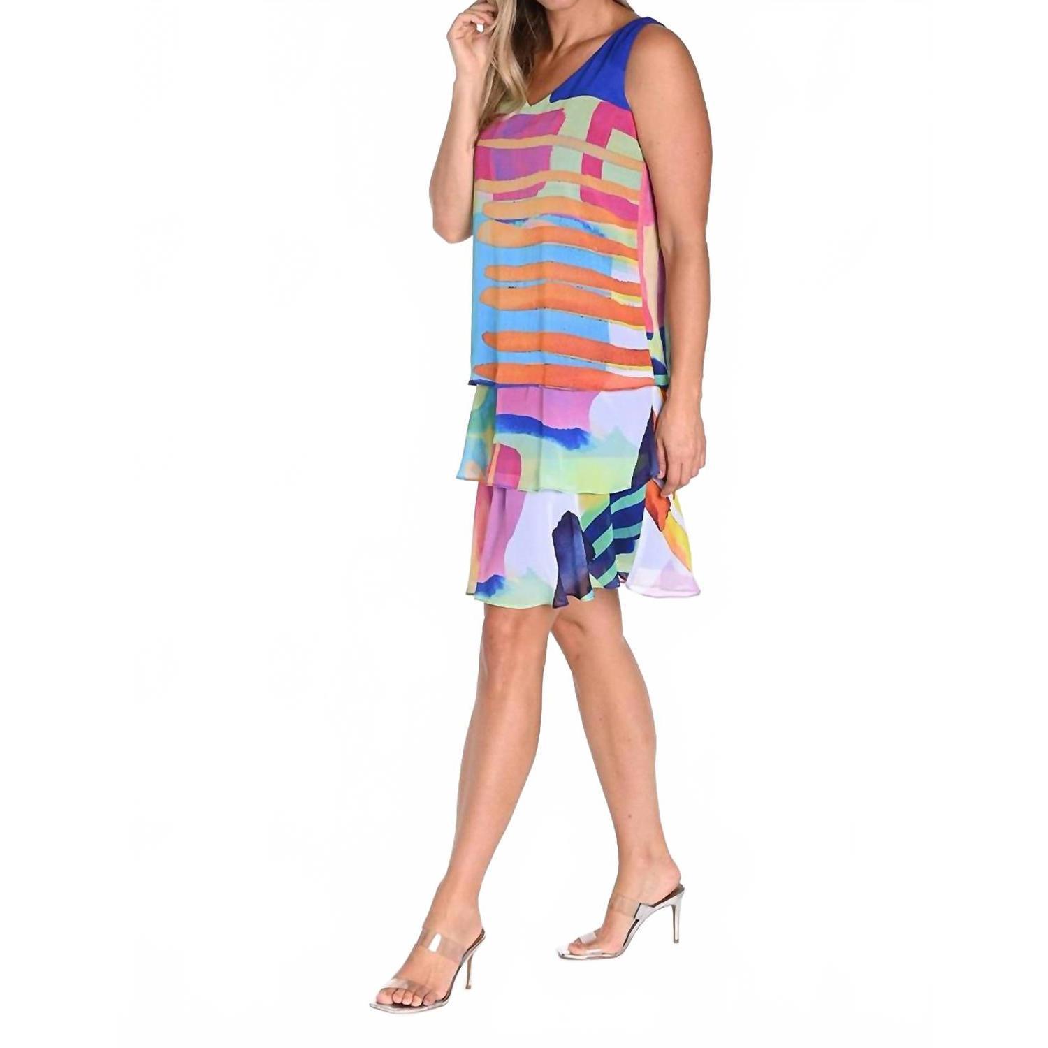 New Frank Lyman V-Neck Layered Dress In Blue Multi